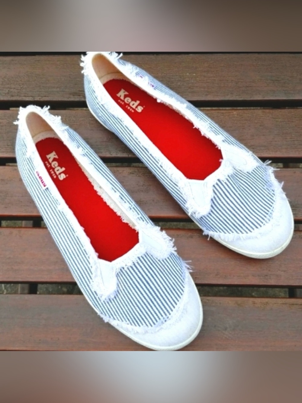 Keds Striped Canvas Flats in White and Navy, Very Good Condition, Size 8-1/2